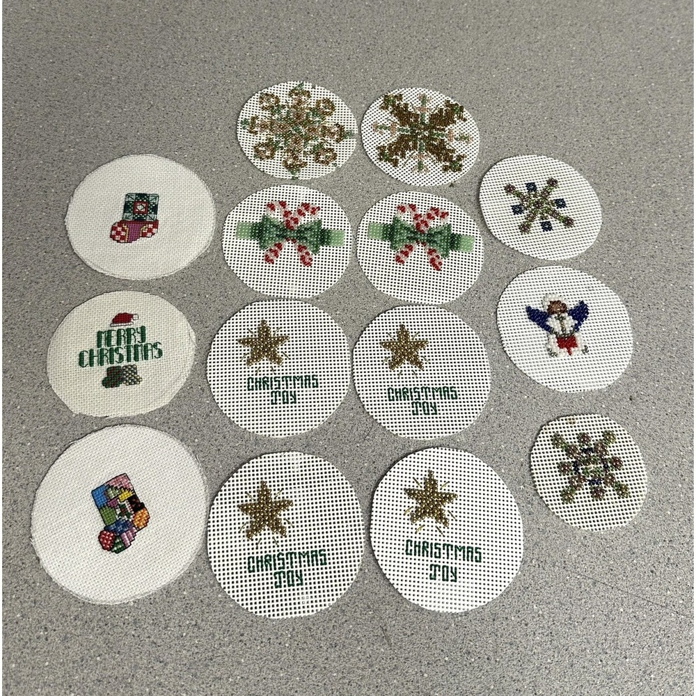 Finished Beaded Cross Stitch MASON JAR LID TOPPER Set of 14 Christmas Holiday